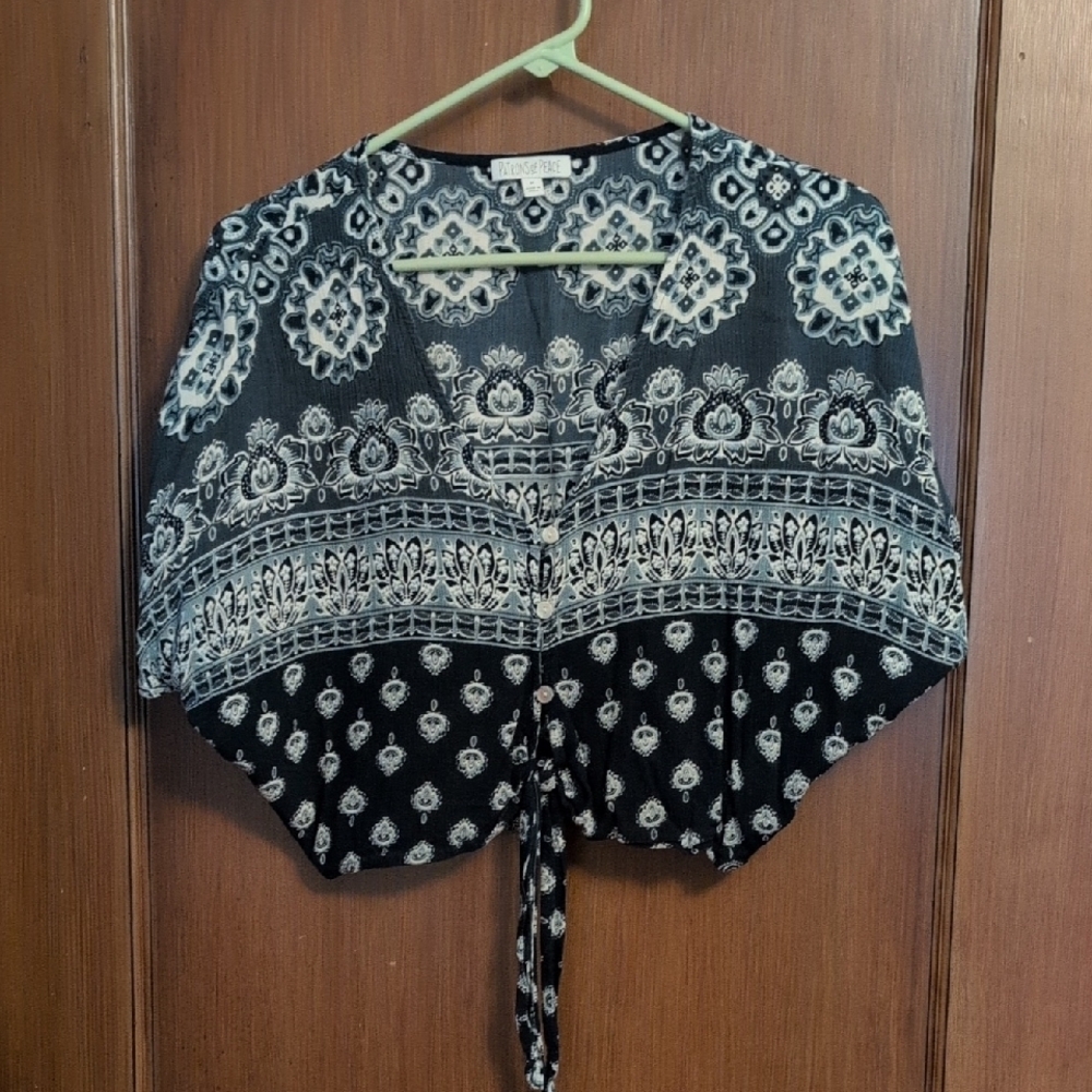 Blue and White Tie Front Crop Top